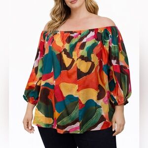 Multicolor Abstract Off-Shoulder Blouse – Size XL | Flowy Statement Top
